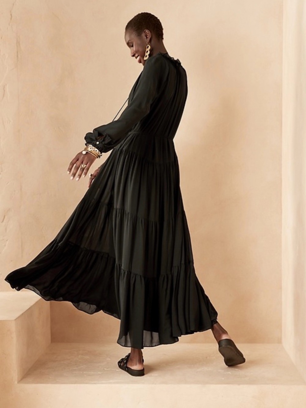 Banana Republic Satin Black Maxi Dress with Long Sleeves - Picture 3 of 6
